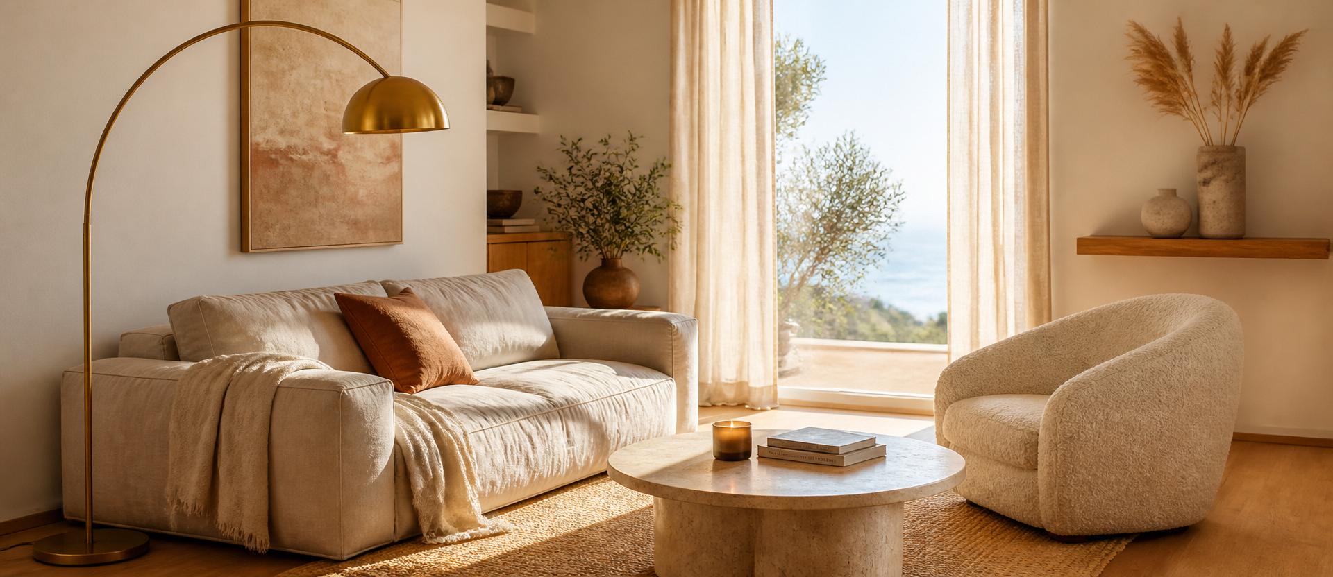 Sunlit modern living room with a brass arc lamp