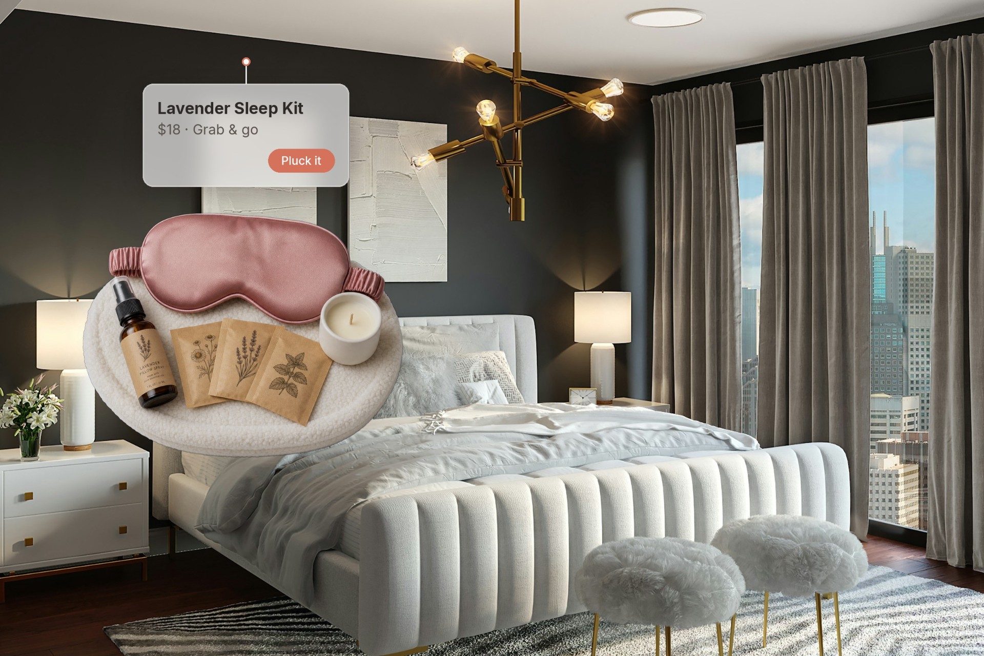 Bedroom with a lavender sleep kit tagged as a Plucked item