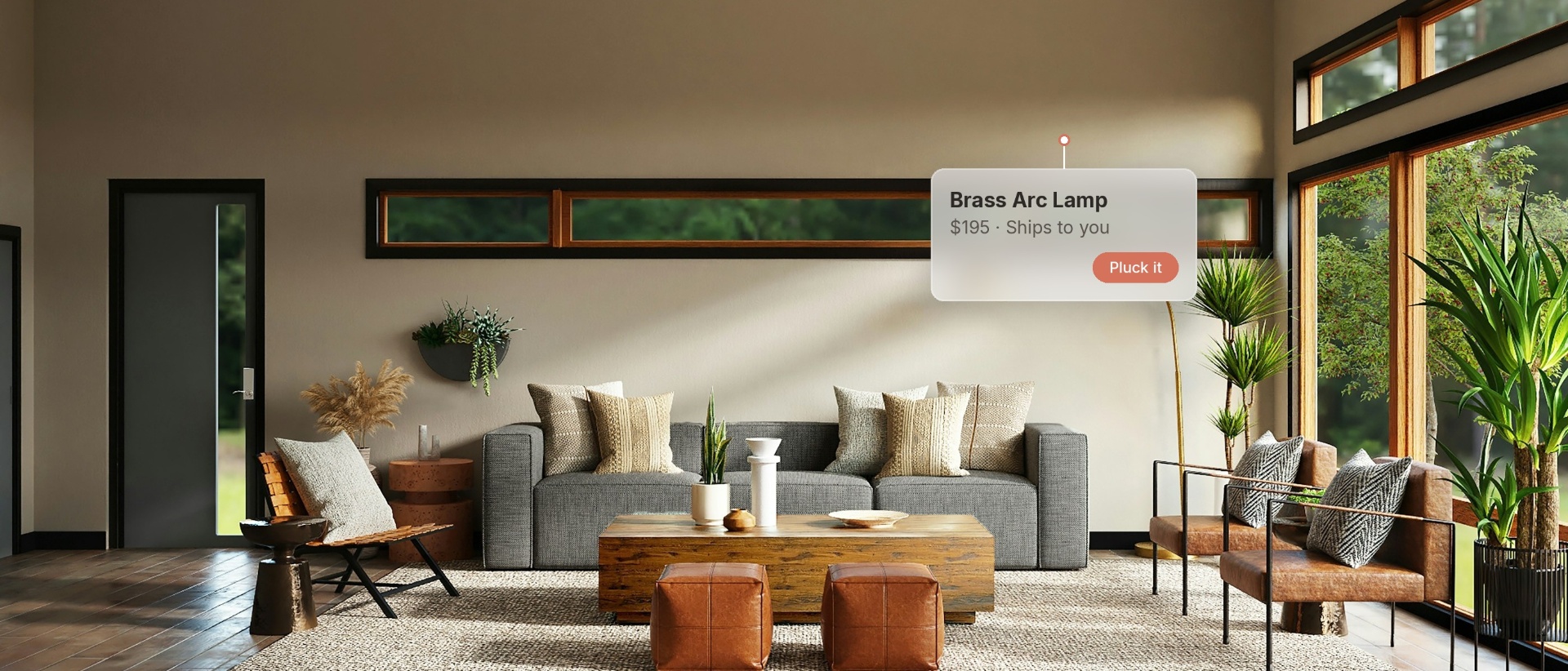 Sunlit modern living room with a brass arc lamp
