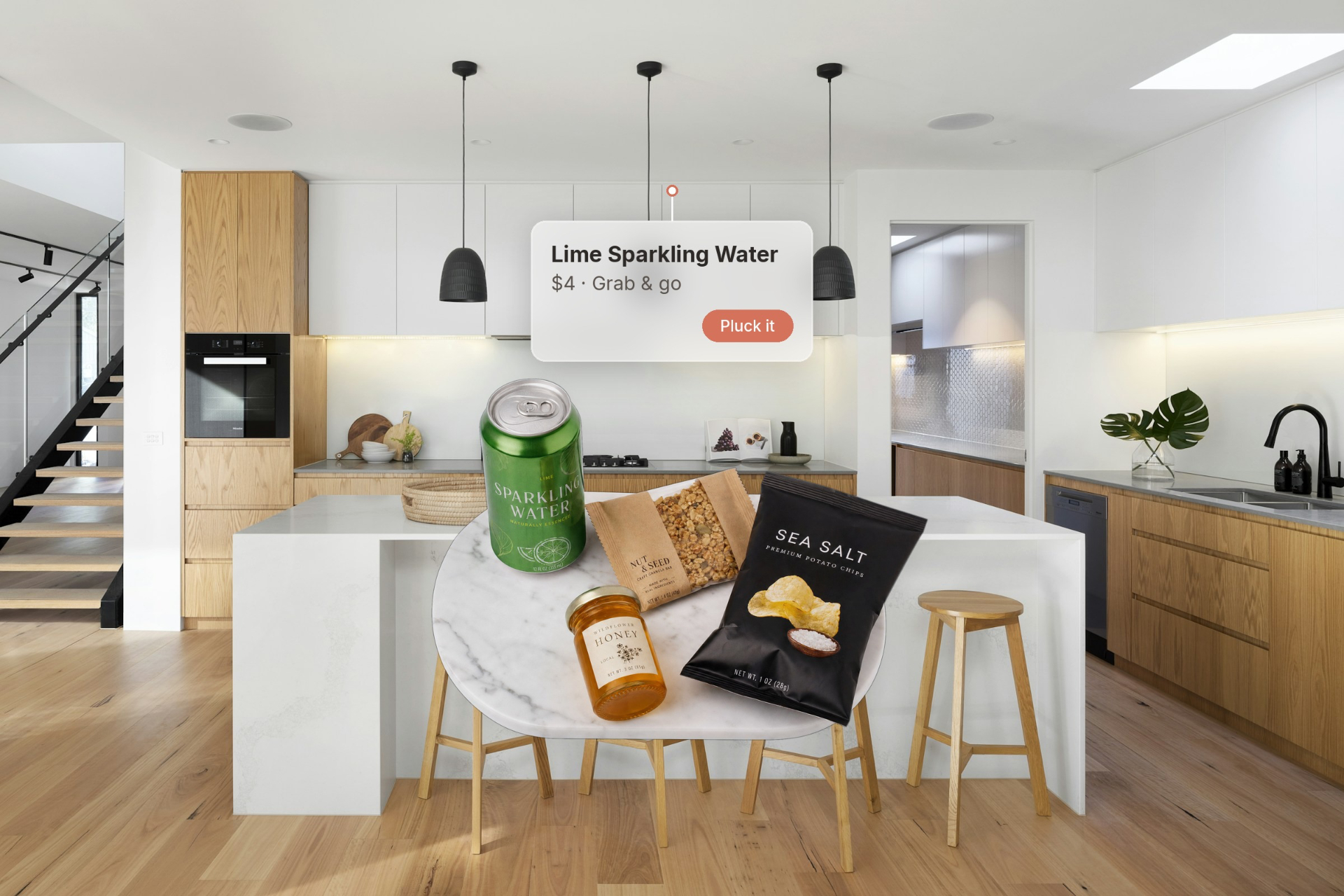 Kitchen island with sparkling water, granola bar, honey and chips, each pluckable