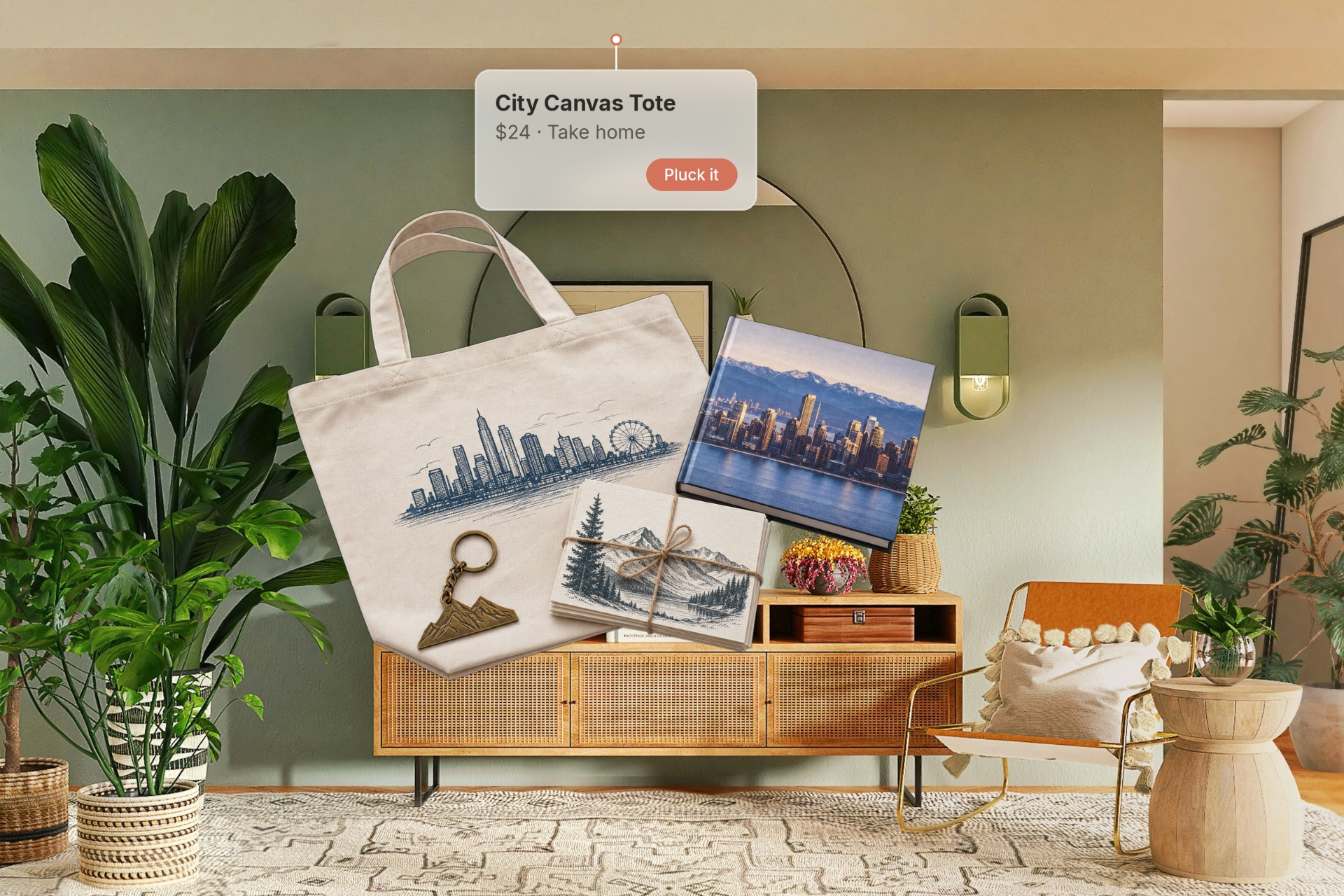 Entry console with a city canvas tote, keepsake book and keychain, all pluckable