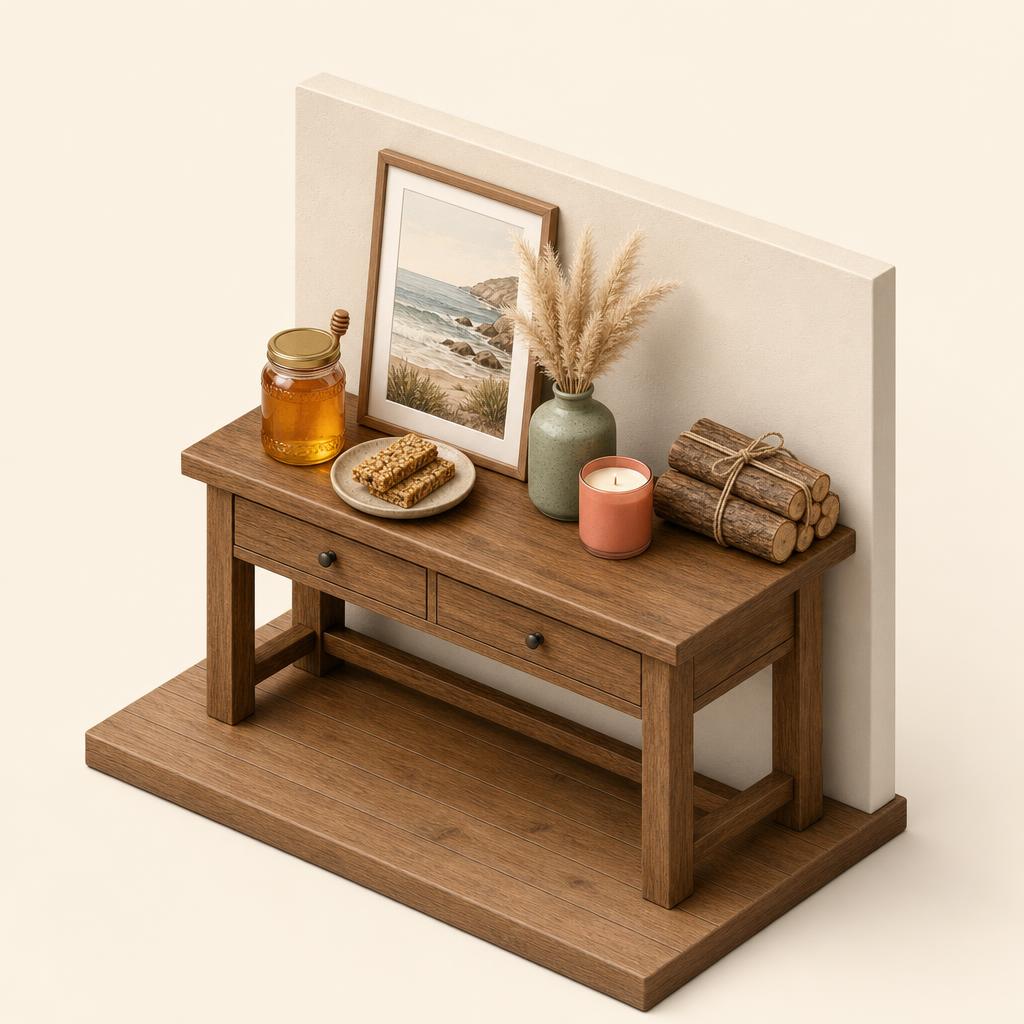 Kitchen island with sparkling water, granola bar, honey and chips