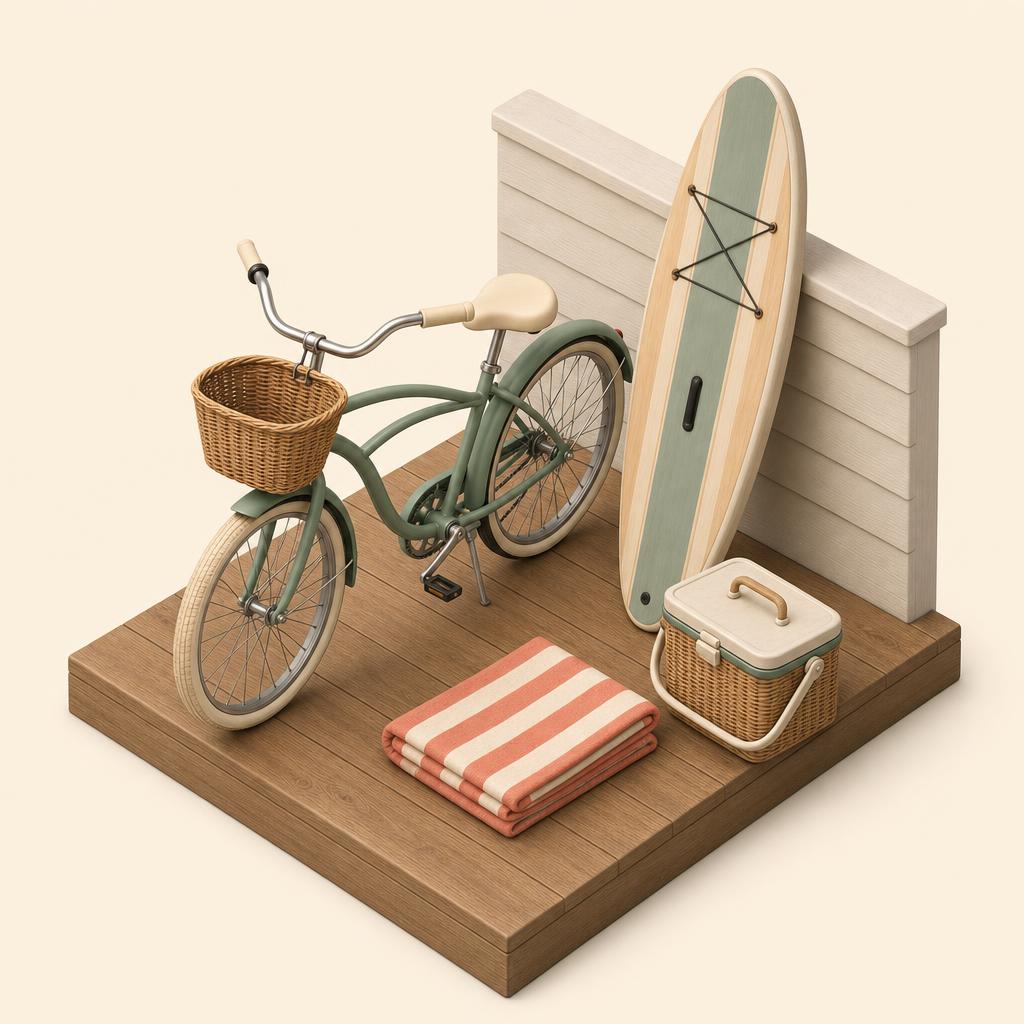 Coastal patio with a sage green beach cruiser leaning against a warm cream wall, a paddleboard, and a folded striped towel