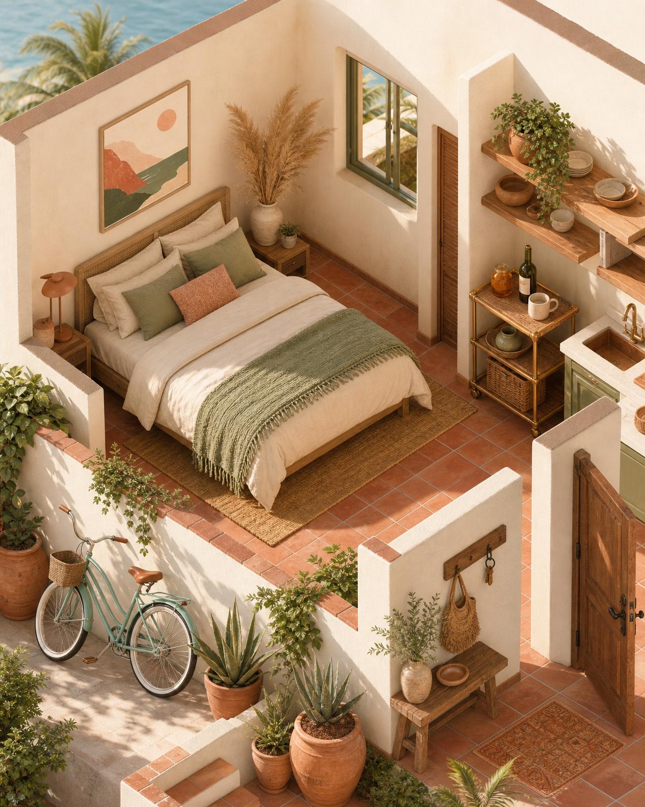 Sunlit coastal vacation rental with a beach cruiser on the patio, a made bed, framed coastal art, and a bar cart with local honey and wine